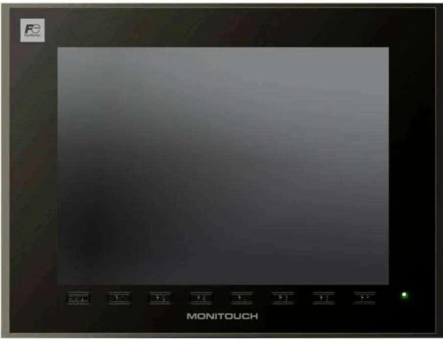 A black and silver monitor with the screen turned on.