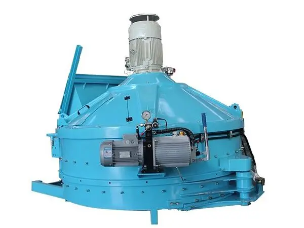 A blue cement mixer sitting on top of a concrete floor.