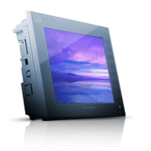 A computer monitor with the image of a sky in it.