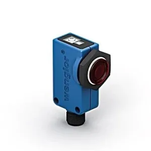 A blue device with a red light on top of it.