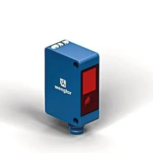 A blue device with red light on top of it.