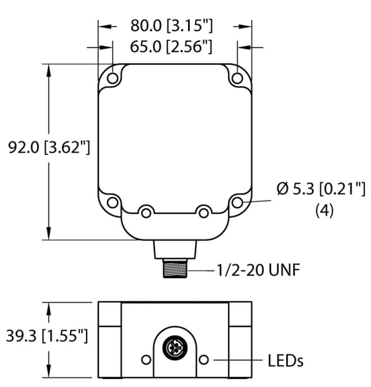 A drawing of an electrical device with the measurements.