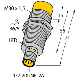 A drawing of an electrical connector with the markings for led and marker.