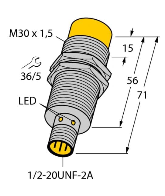 A drawing of an electrical connector with the markings for led and marker.