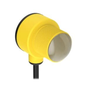 A yellow light with black cord and white knob.